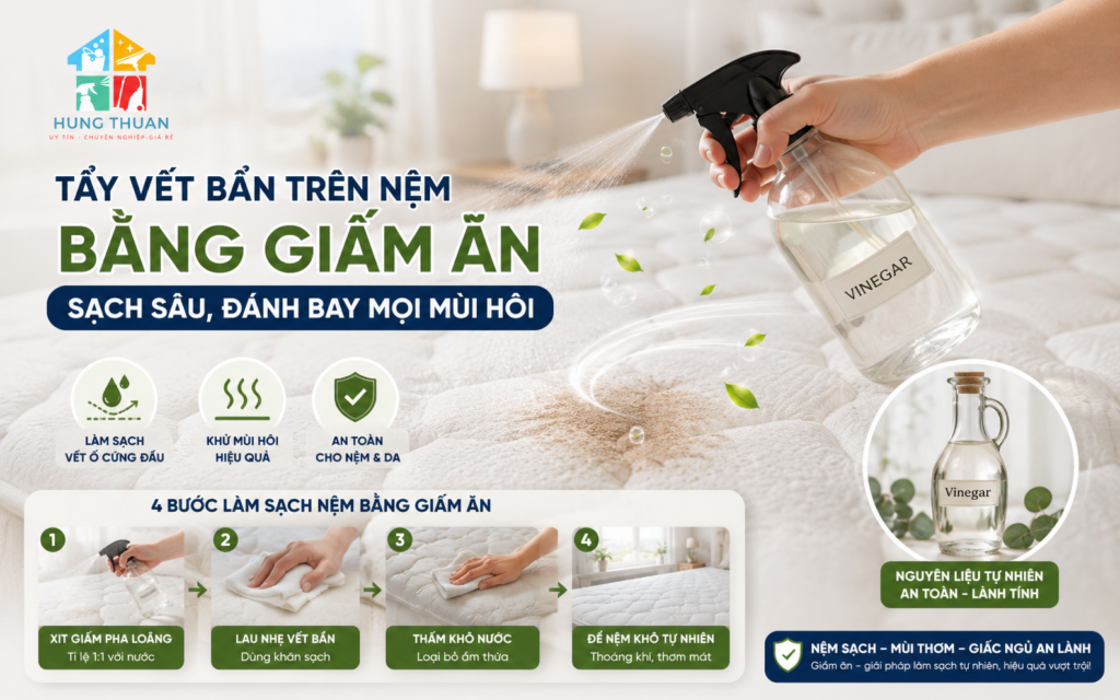 tẩy vết bẩn trên nệm bằng giấm ăn